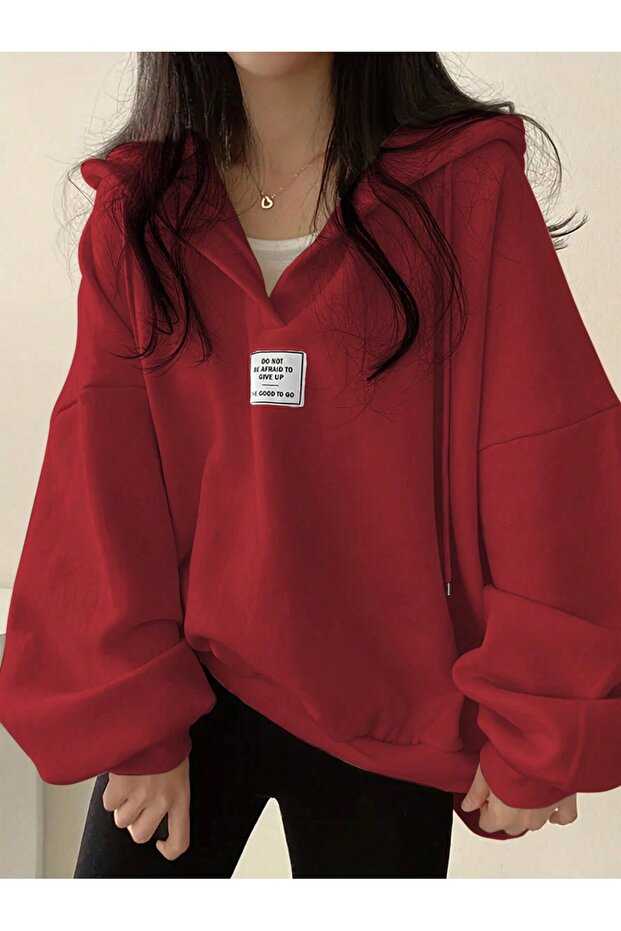 Unisex V-Yaka Kapüşonlu Basic Oversize Swetshirt - 3