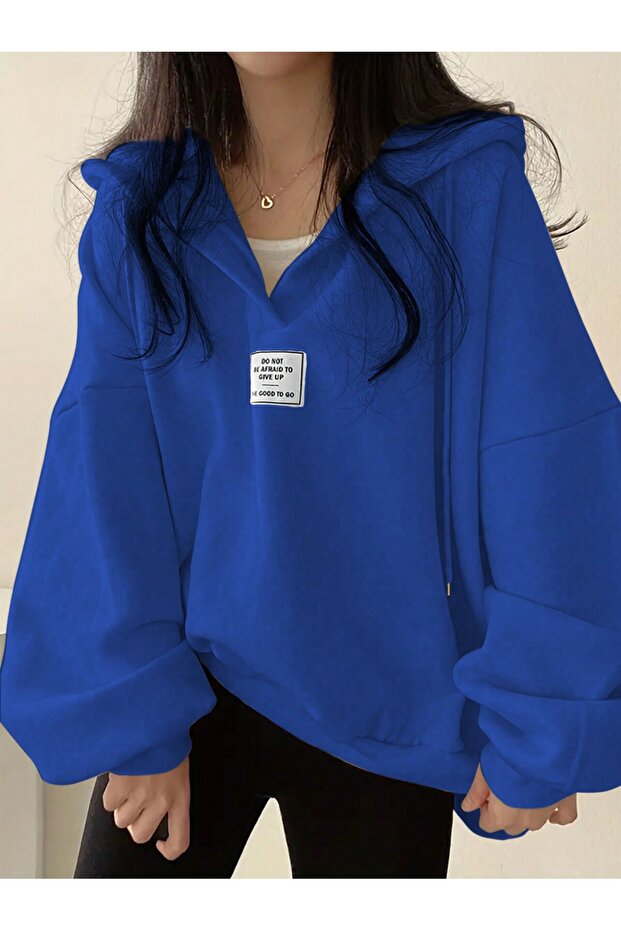 Unisex V-Yaka Kapüşonlu Basic Oversize Swetshirt - 3