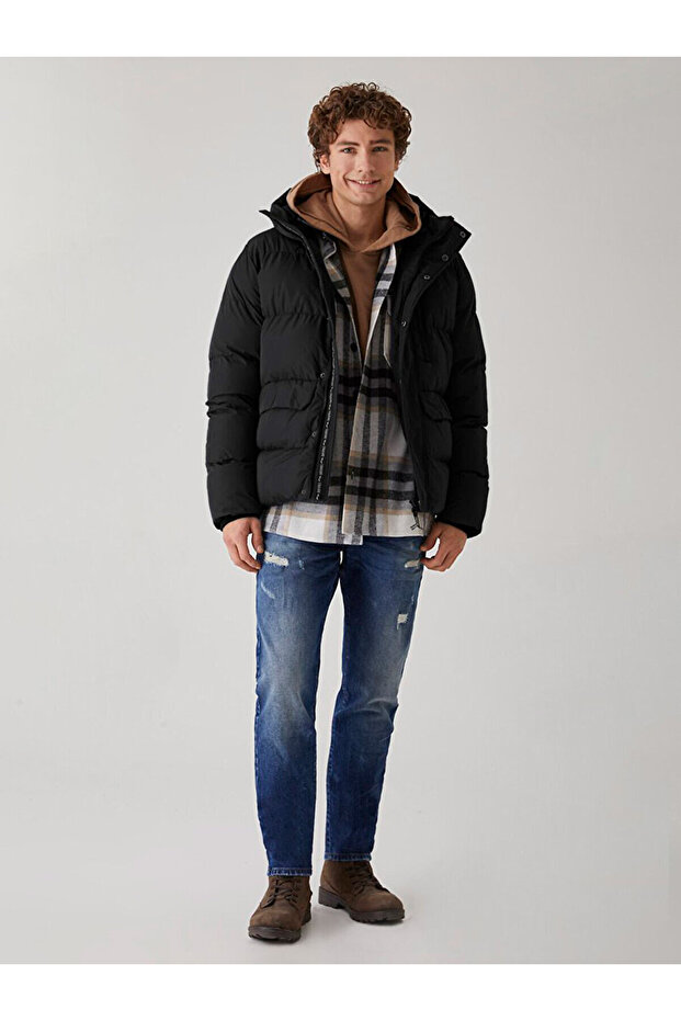 Kapüşonlu Şişme Kısa Siyah Mont - 1