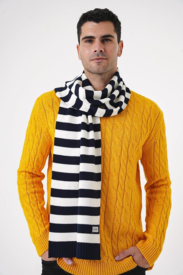 Men's Striped and Soft Textured Knitwear Scarf Navy Blue-Ecru 25W4002