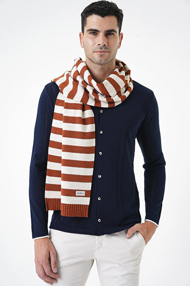 Men's Striped and Soft Textured Knitwear Scarf Cinnamon-Beige 25W4002