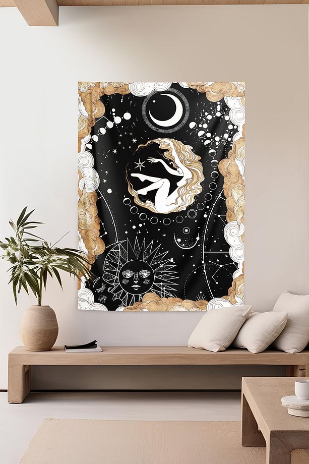 Evrenin Boşluğunda Süzülen Altın Saçlı Kız Duvar Örtüsü Duvar Halısı Tapestry - 1