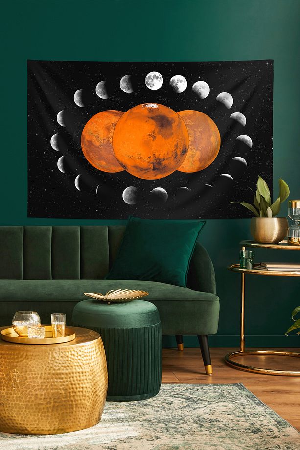 " Mars'a Yolculuk " Ayın Evreleriyle Çevrili Birinci Kalite Kumaş Duvar Örtüsü Duvar Halısı Tapestry - 1