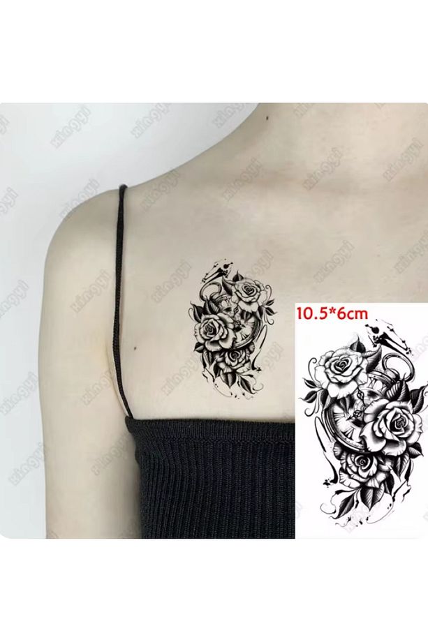 Gerçek Dövme Görünümlü Gül Pusula Modelli 3 Boyutlu Tattoo, Geçici Dövme - 4