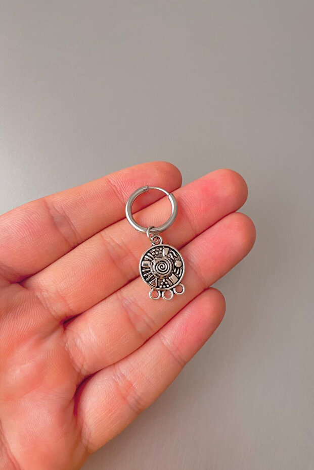 Unisex Silver Vintage Figured Dangle Steel Hoop Earrings