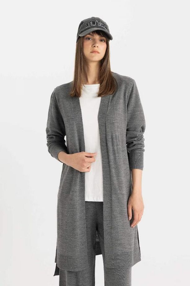 Regular Fit Basic Düz Kuşaklı Uzun Triko Gri Hırka Z9026az24wn - 4