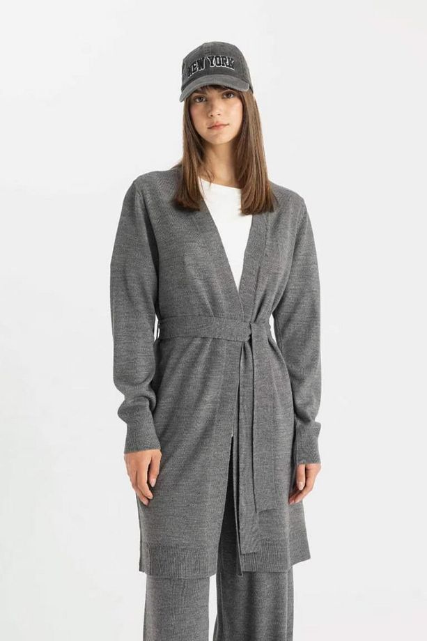 Regular Fit Basic Düz Kuşaklı Uzun Triko Gri Hırka Z9026az24wn - 1