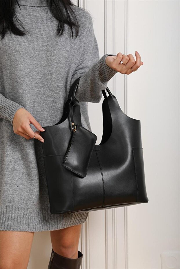 Black Women's Hand and Shoulder Bag with Side Pockets and Wallet Detail
