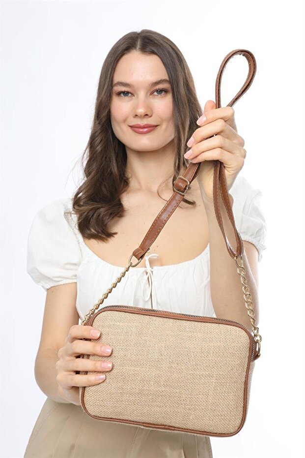 Tan Straw Women's Multi-Compartment Quilted Crossbody Bag