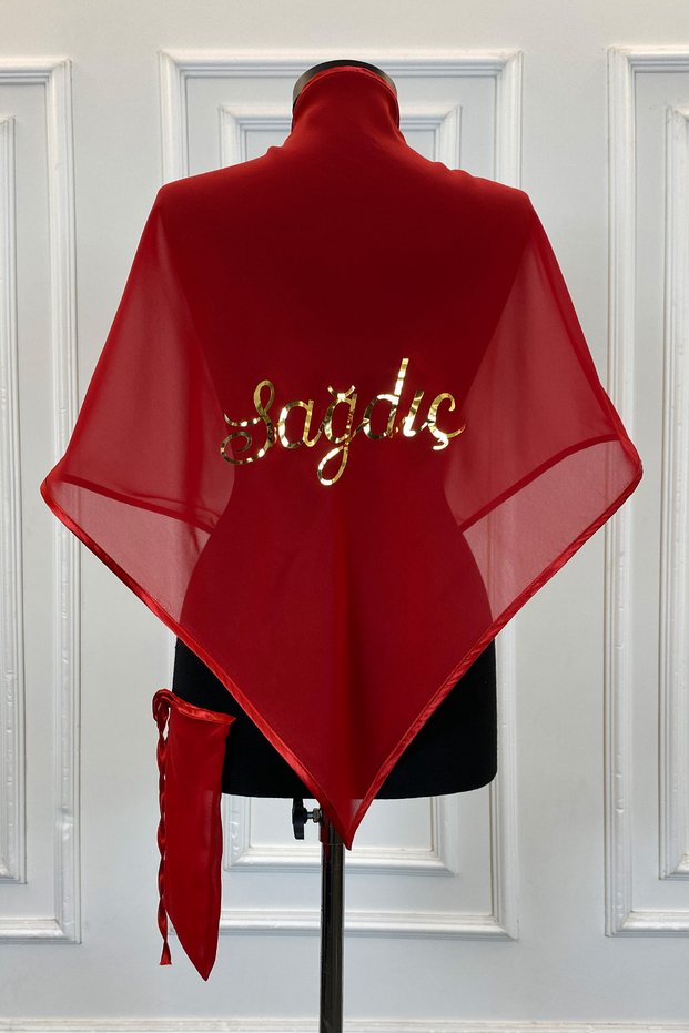 Red Chiffon Groomsmen Shoulder Cover Shawl Triangle Model, Gold Printed, Groom Bridesmaid Soldier Henna Cover