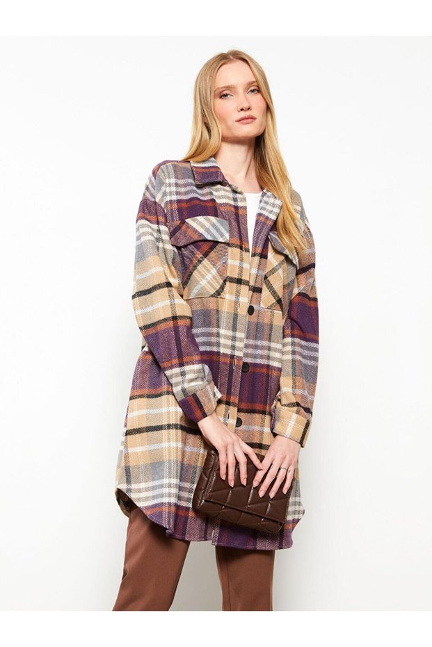 Lcwaikiki Classic Purple Plaid Front Button Closure Plaid Long Sleeve Gabardine Women's Shirt Jacket