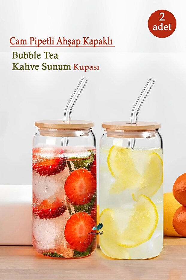Bamboo Lid, Heat Resistant Glass, 550 ml Soft Drink Coffee Presentation Cup with Straw | 2 Pieces