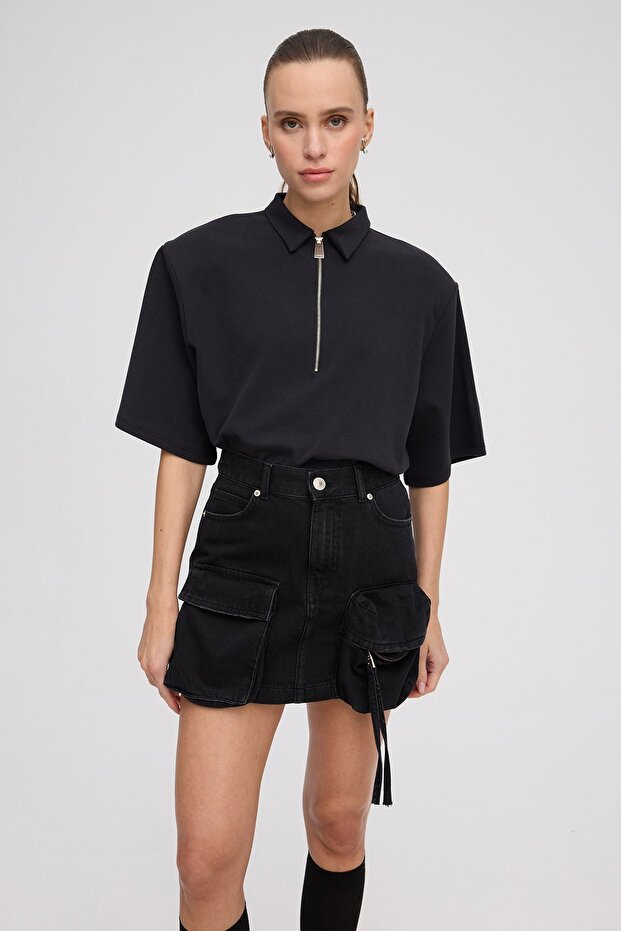 Kargo denim mini etek - 4