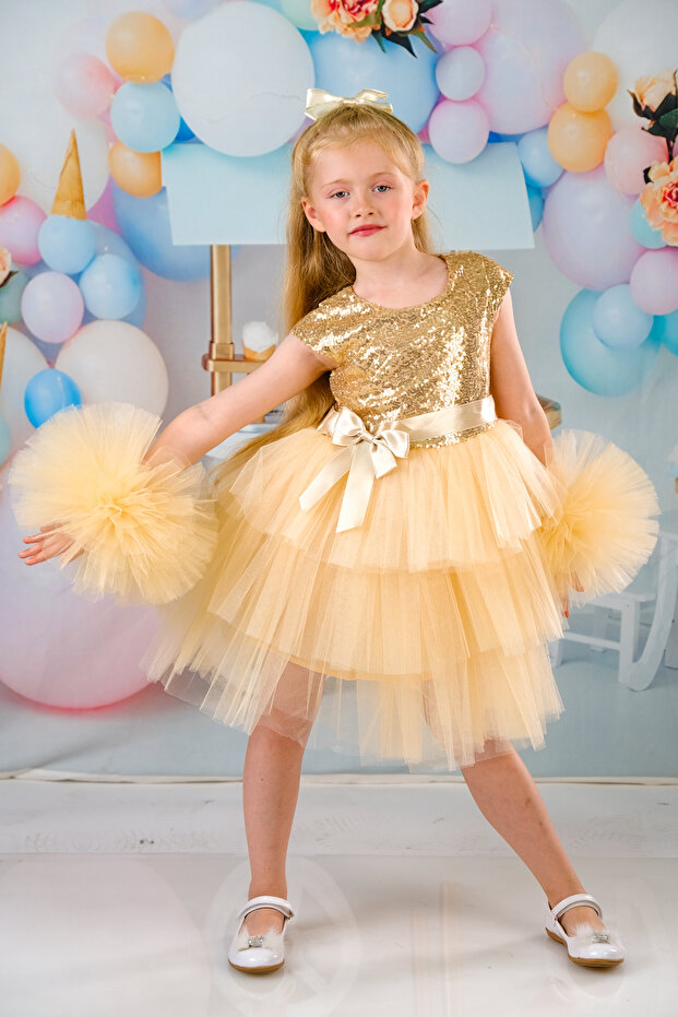 Buckle Pompom Sleeves Sequin Tulle Party and Birthday Dress
