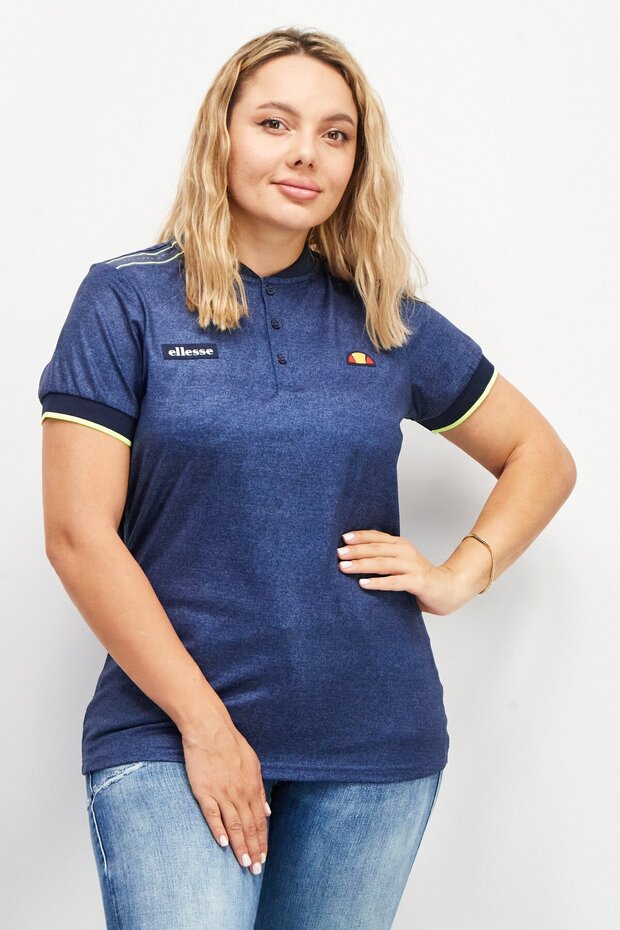 Women Stand Collar Short Sleeve Logo Top, Navy