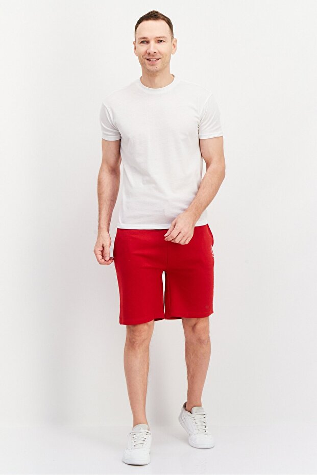 Men Drawstring Brand Logo Basic Shorts, Red - 2