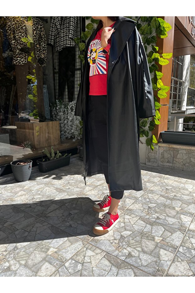 Siyah Deri Trençkot - 1