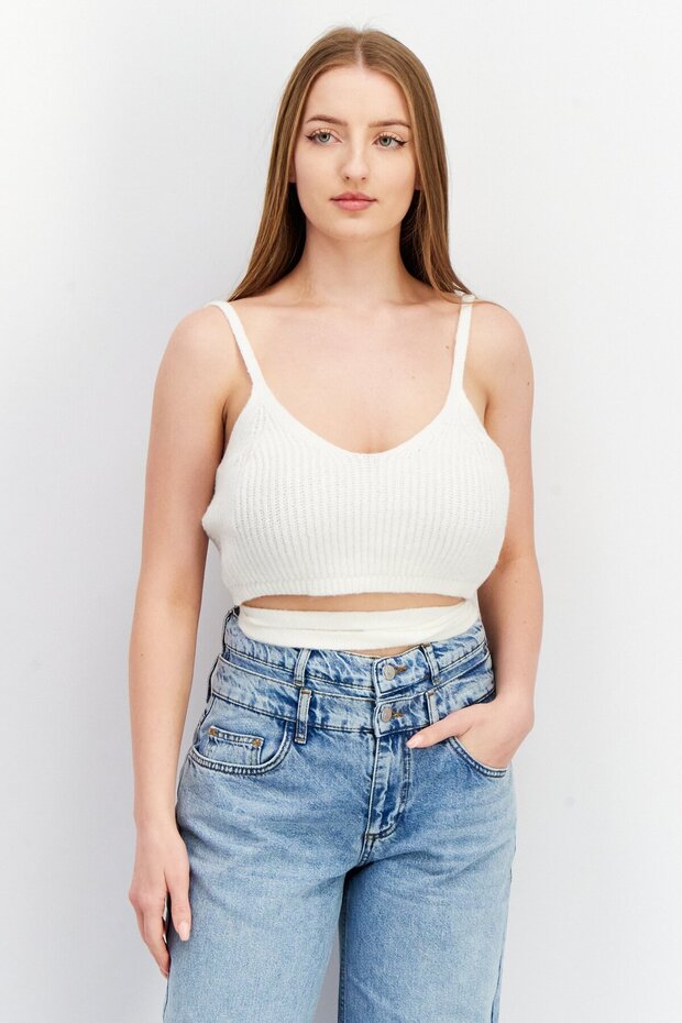 Women V-Neck Sleeveless Textured Crop Tank Top, White