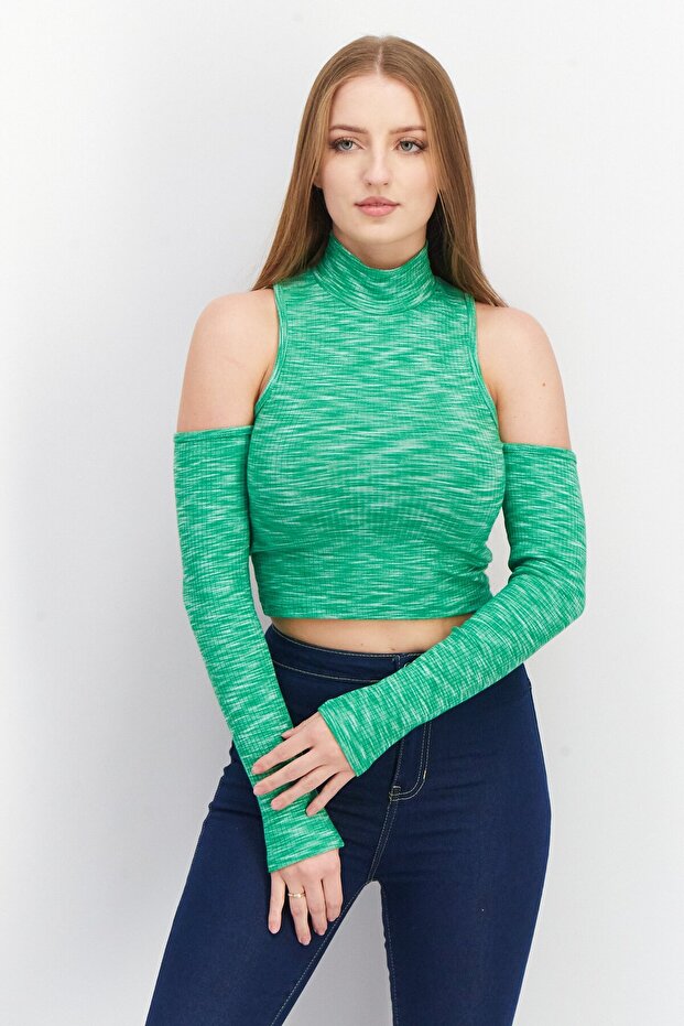 Women Mock Neck Cold Shoulder Space Dye Top, Green