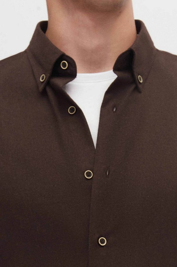 Regular Fit Koyu Kahve Düz Kışlık Flanel Gömlek - 4