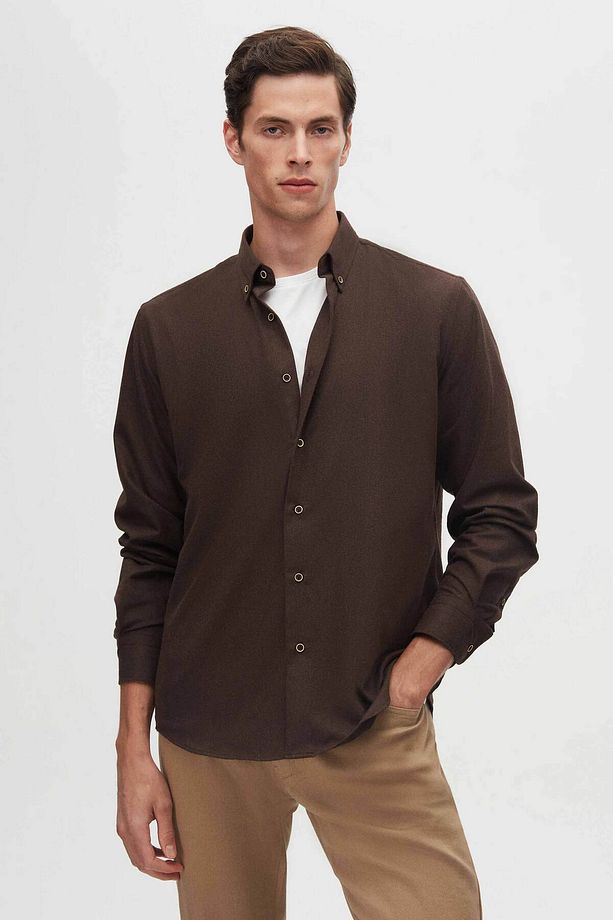 Regular Fit Koyu Kahve Düz Kışlık Flanel Gömlek - 1