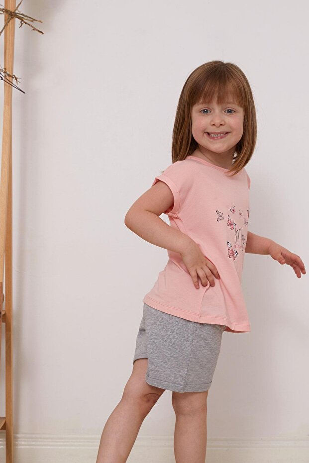 3-8 Years Old Butterfly Printed Girls' Shorts Set - Salmon