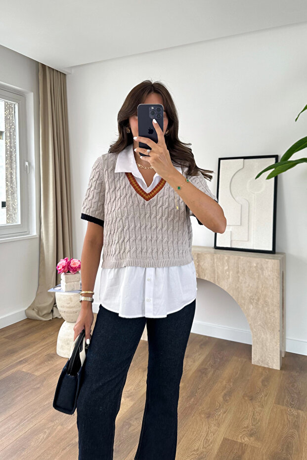 Lensa Beige Shirt Detailed Knitwear