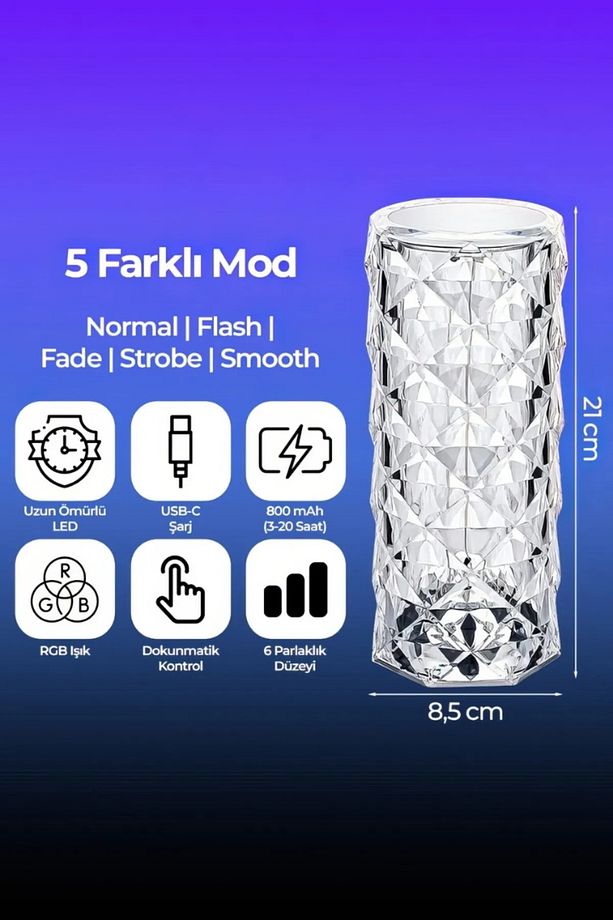 Dokunmatik Kristal LED RGB Masa Lambası-Uzaktan Kumandalı Dekorasyon Lambası-USB Şarjlı - 3