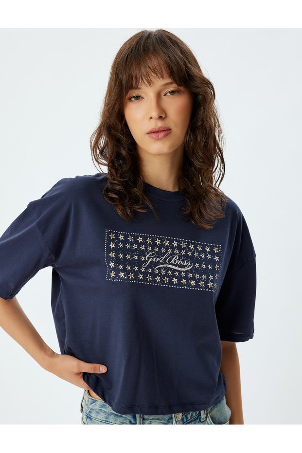 Printed Crop T-Shirt with Staple Detail, Short Sleeve, Crew Neck, Cotton