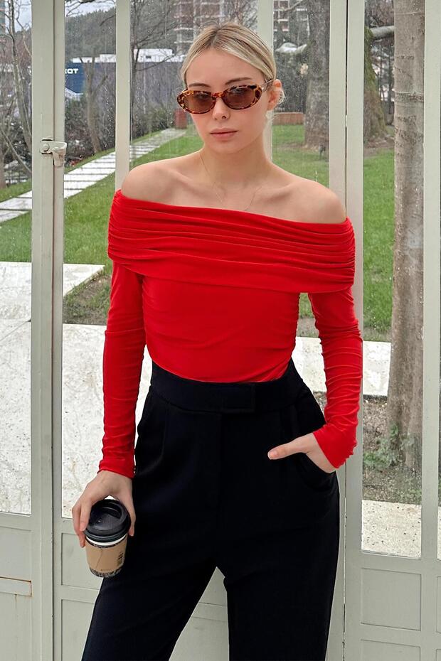 Red Fels Draped Madonna Collar Open Shoulder Women's Blouse