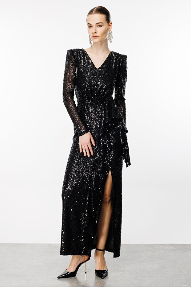 Modailgi Volanlı Payet Elbise Siyah - 1