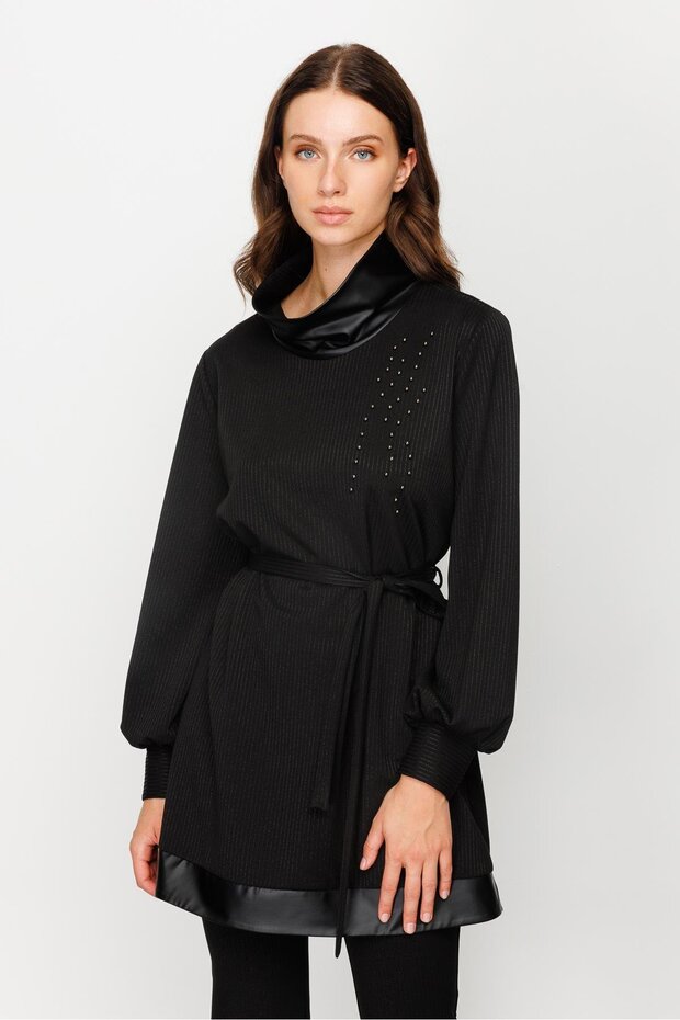 Modailgi Deri Garnili Örme Tunik Siyah - 2