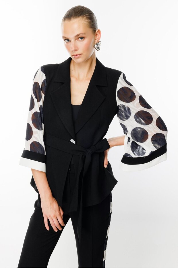 Black Modailgi - Polka Dot Patterned Short Athlete Jacket - 2