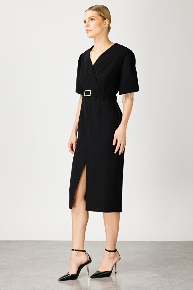 Modailgi  Şerit Taşlı Balon Kol Elbise Siyah - 5