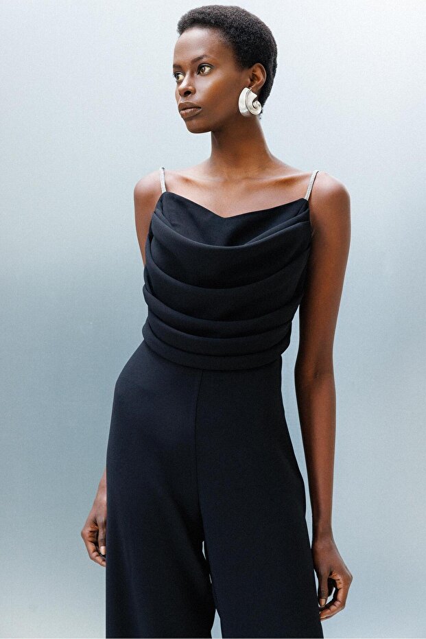 Modailgi  Drape Detaylı Askılı Tulum Siyah - 2