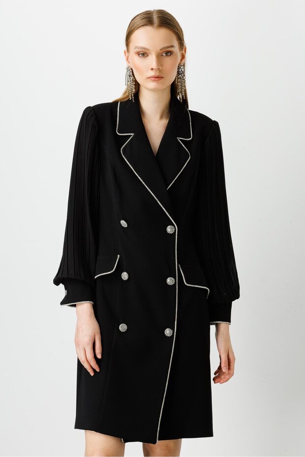 Modailgi Kolları Pliseli Taş Şeritli Elbise Siyah - 2