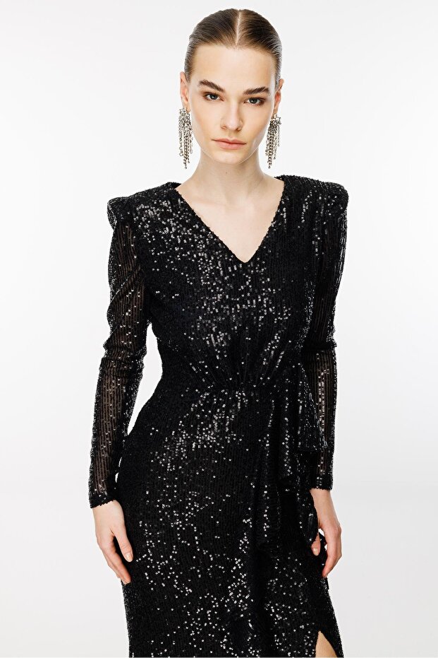 Modailgi Volanlı Payet Elbise Siyah - 3