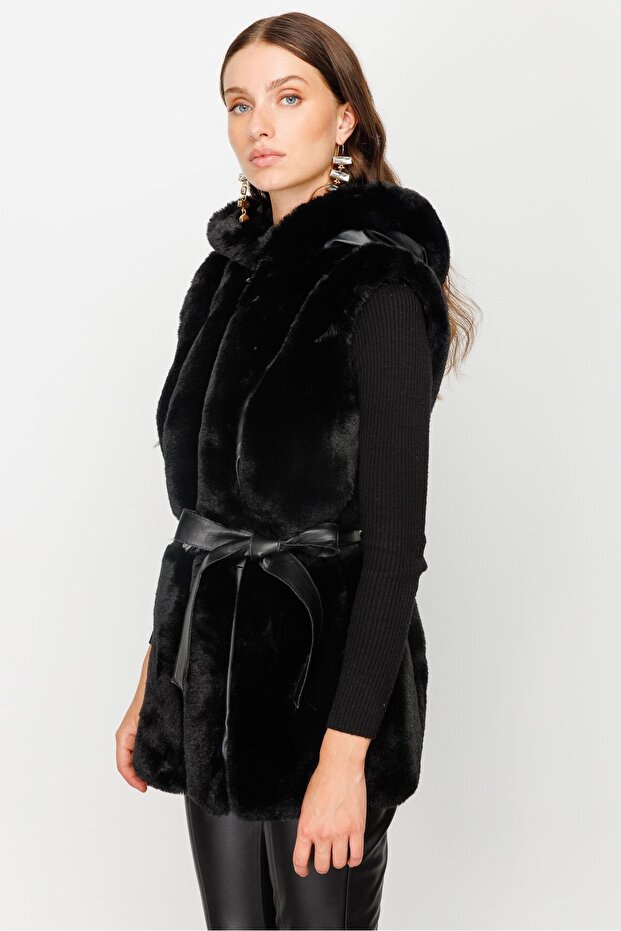 Modailgi  Kapüşonlu Kürk Yelek Siyah - 4