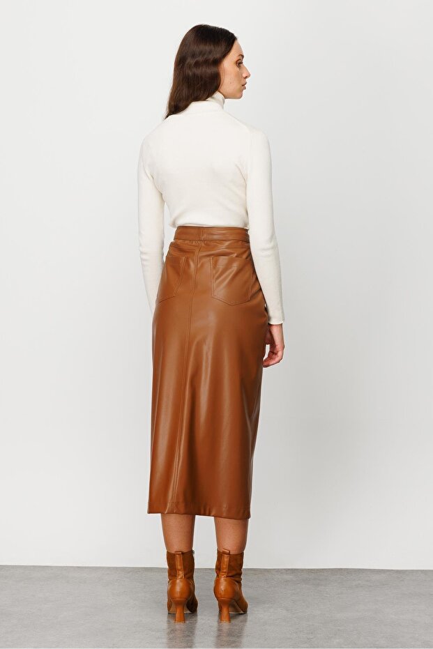 Modailgi Önden Yırtmaçlı Deri Etek Taba - 5