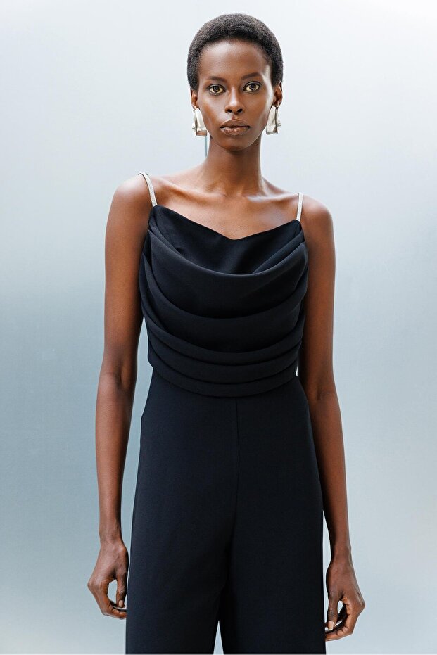 Modailgi  Drape Detaylı Askılı Tulum Siyah - 5