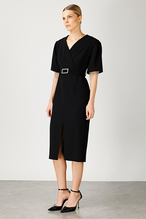 Modailgi  Şerit Taşlı Balon Kol Elbise Siyah - 4