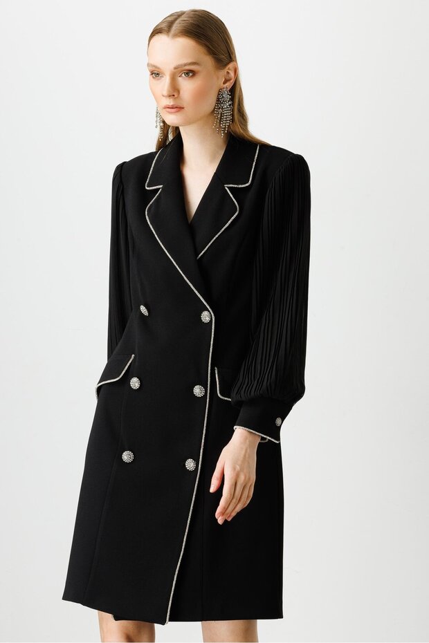 Modailgi Kolları Pliseli Taş Şeritli Elbise Siyah - 3