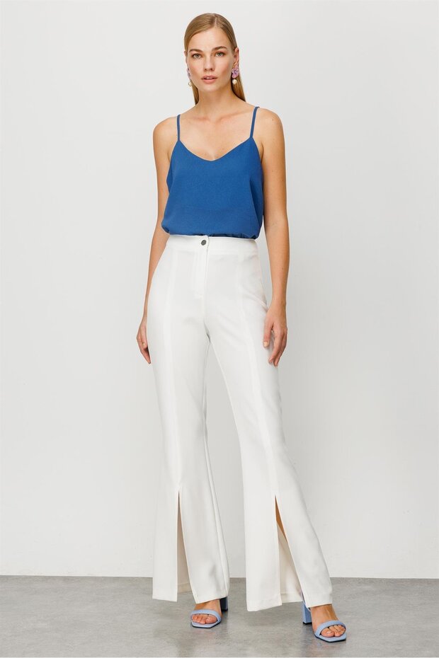 Modailgi Yırtmaçlı İspanyol Paça Pantolon Ekru - 1