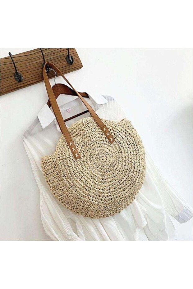 Cream Color Round Handmade Paper Rope Knit Shoulder Bag | - Gift