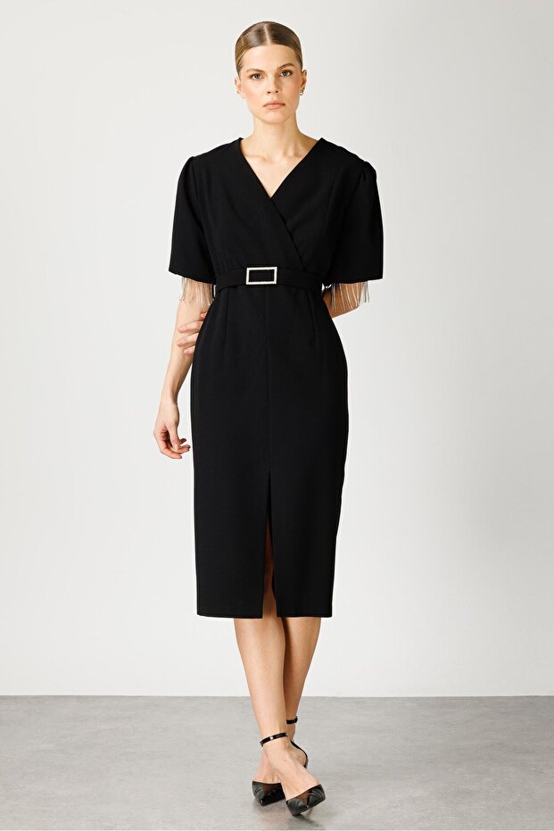 Modailgi  Şerit Taşlı Balon Kol Elbise Siyah - 3