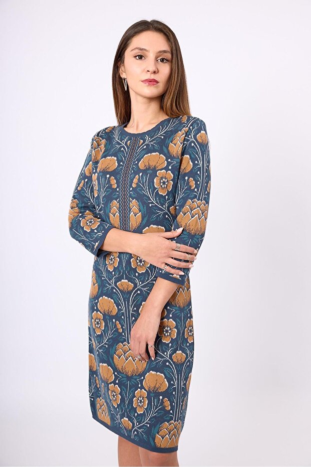 Felicity Çiçek Jakarlı Kadın Triko Elbise - Indigo Multi - 2
