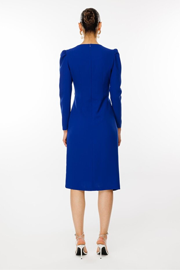 Modailgi  Kruvaze Volan Detaylı Elbise Saks - 7