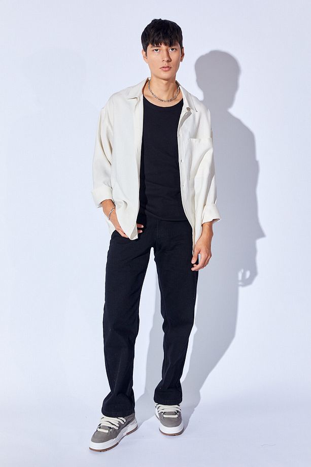 Oversize Soft Dokulu Kalın Modal Tek Cep Erkek Dış Gömlek | Beyaz MNW191099-01 - 4