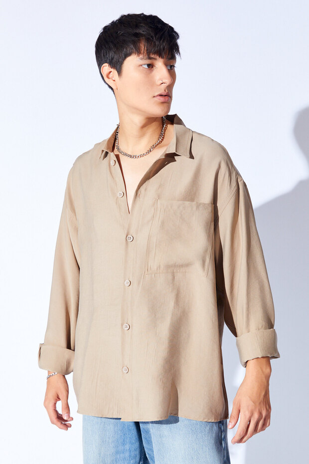 Oversize Soft Dokulu Kalın Modal Tek Cep Erkek Dış Gömlek | Vizon MNW191099-01 - 1