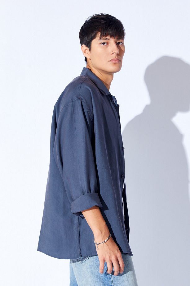 Oversize Soft Dokulu Kalın Modal Tek Cep Erkek Dış Gömlek | Antrasit MNW191099-01 - 3